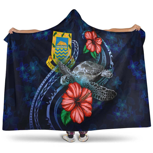 Tuvalu Polynesian Hooded Blanket - Blue Turtle Hibiscus 1