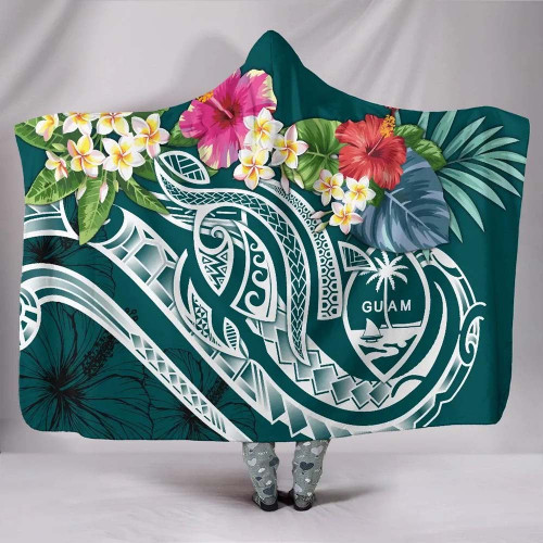 Guam Polynesian Hooded Blanket - Summer Plumeria (Turquoise) 1