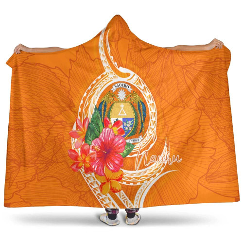 Nauru Polynesian Hooded Blanket - Orange Floral With Seal 1