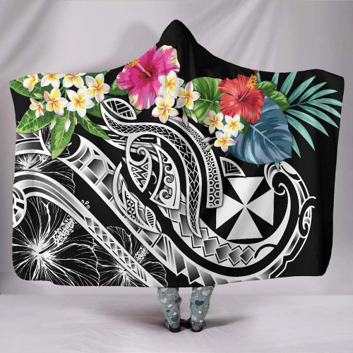 Wallis and Futuna Polynesian Hooded Blanket - Summer Plumeria (Black) 1