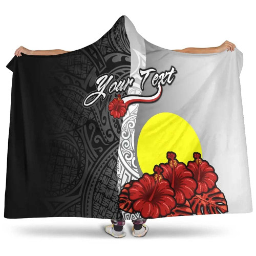 Palau Polynesian Custom Personalised Hooded Blanket- Coat Of Arm With Hibiscus White 1