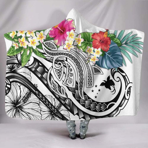 Papua New Guinea Polynesian Hooded Blanket - Summer Plumeria (White) 1