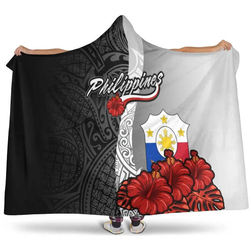 Philippines Polynesian Hooded Blanket - Coat Of Arm With Hibiscus White 1