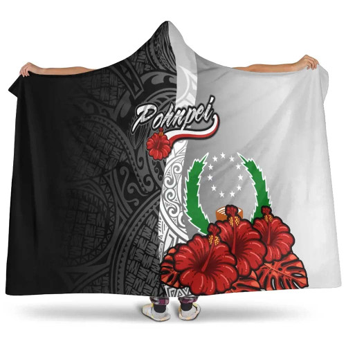 Pohnpei Polynesian Hooded Blanket- Coat Of Arm With Hibiscus White 1