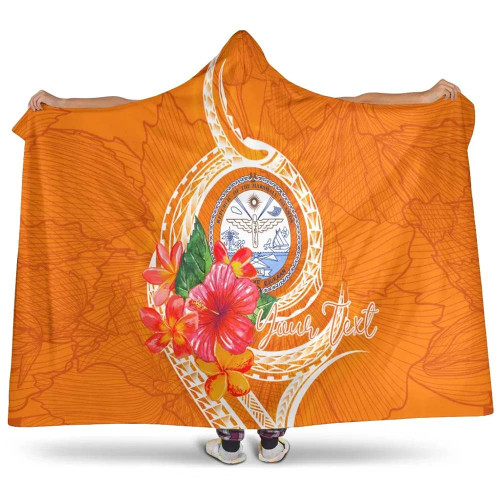 Marshall Islands Polynesian Custom Personalised Hooded Blanket - Orange Floral With Seal 1