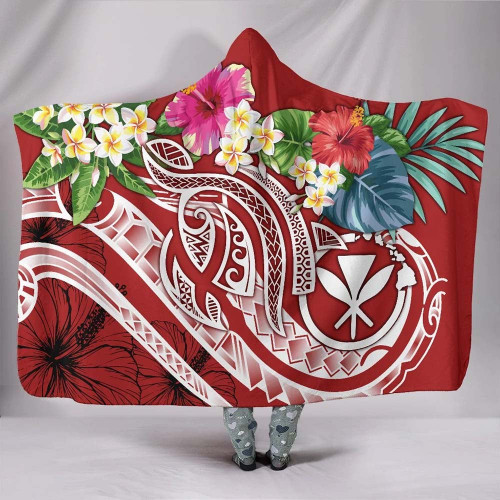 Polynesian Hawaii Kanaka Maoli Hooded Blanket - Summer Plumeria (Red) 1