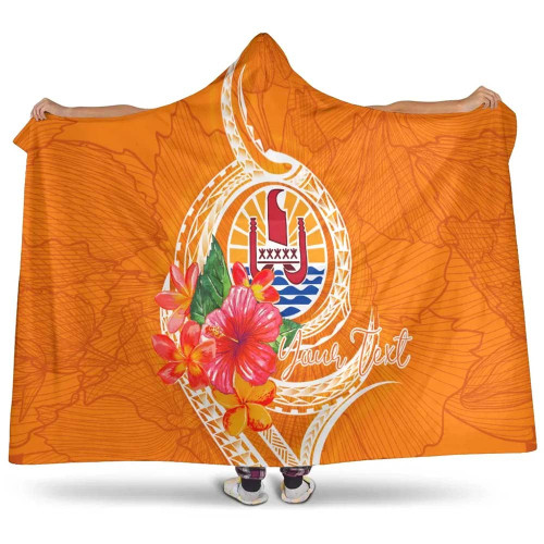 Tahiti Polynesian Custom Personalised Hooded Blanket - Orange Floral With Seal 1