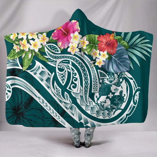Tonga Polynesian Hooded Blanket - Summer Plumeria (Turquoise) 1