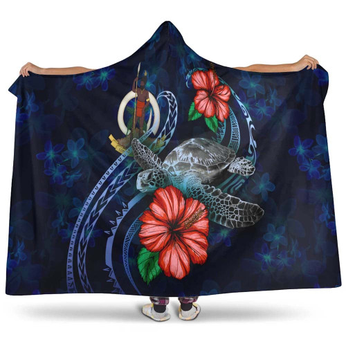 Vanuatu Polynesian Hooded Blanket - Blue Turtle Hibiscus 1