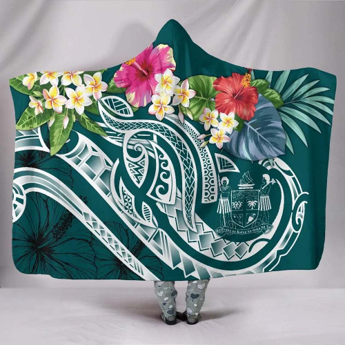 Fiji Polynesian Hooded Blanket - Summer Plumeria (Turquoise) 1