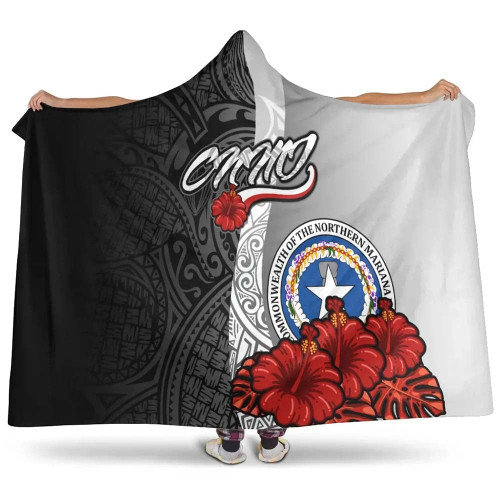 Northern Mariana Islands Polynesian Hooded Blanket- Coat Of Arm With Hibiscus White 1