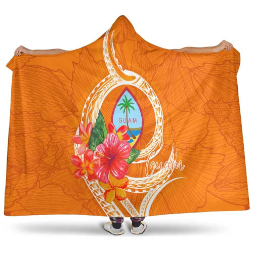 Guam Polynesian Hooded Blanket - Orange Floral With Seal 1