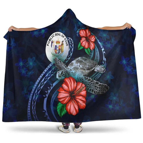 Niue Polynesian Hooded Blanket - Blue Turtle Hibiscus 1