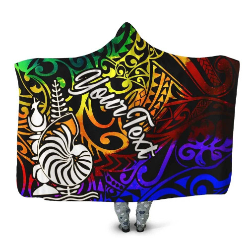 New Caledonia Custom Personalised Hooded Blanket - Rainbow Polynesian Pattern 1