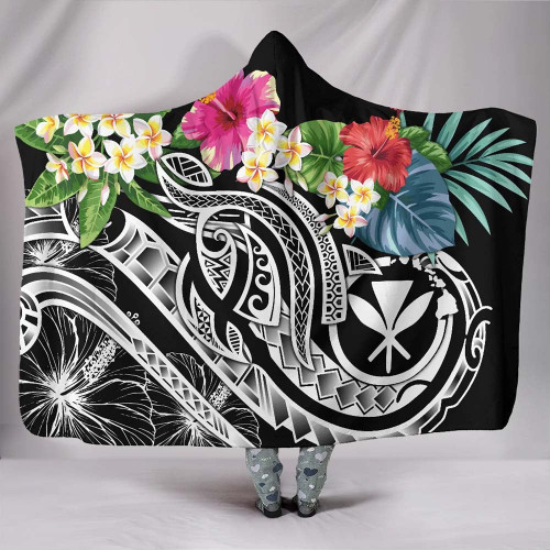 Polynesian Hawaii Kanaka Maoli Hooded Blanket - Summer Plumeria (Black) 1