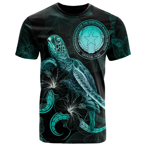 CNMI Polynesian T-Shirt - Turtle With Blooming Hibiscus Turquoise 1