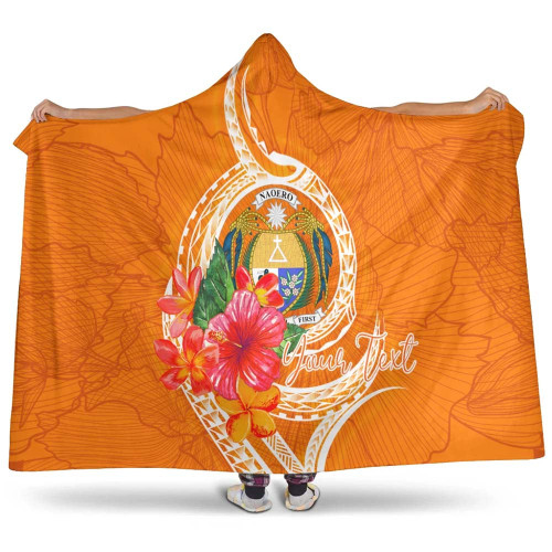 Nauru Polynesian Custom Personalised Hooded Blanket - Orange Floral With Seal 1