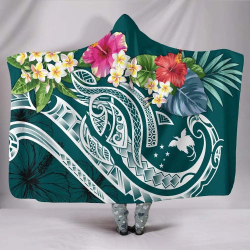 Papua New Guinea Polynesian Hooded Blanket - Summer Plumeria (Turquoise) 1