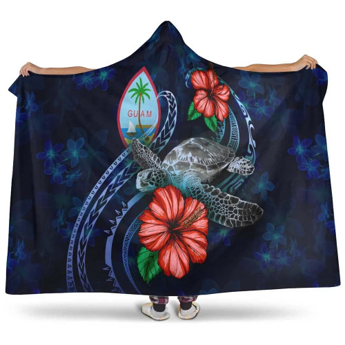 Guam Polynesian Hooded Blanket - Blue Turtle Hibiscus 1