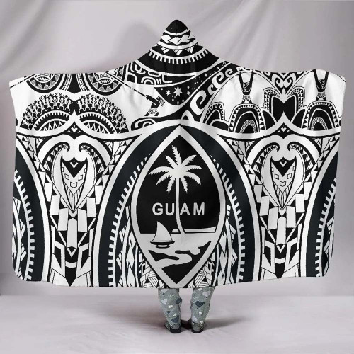 Polynesian Hooded Blankets - Guam Flag Seal with Maui Moana Tattoo White 1