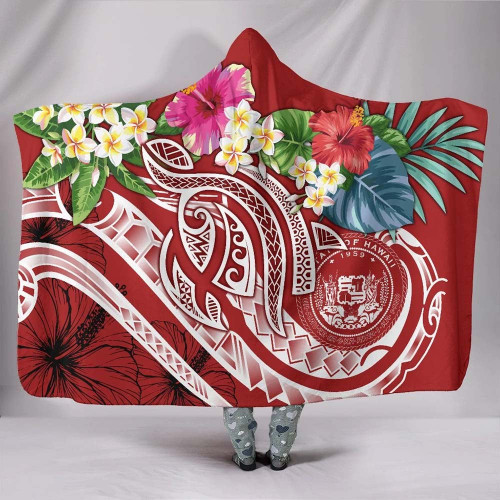 Polynesian Hawaii Hooded Blanket - Summer Plumeria (Red) 1