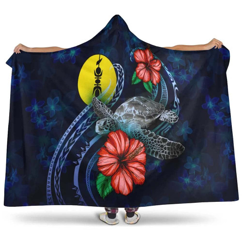 New Caledonia Polynesian Hooded Blanket - Blue Turtle Hibiscus 1