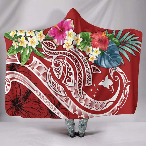 Papua New Guinea Polynesian Hooded Blanket - Summer Plumeria (Red) 1