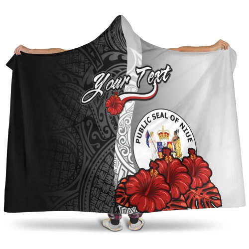 Niue Polynesian Custom Personalised Hooded Blanket- Coat Of Arm With Hibiscus White 1