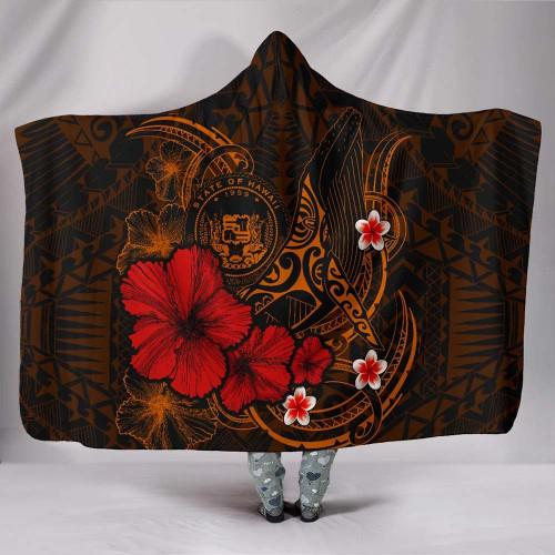 Polynesian Hawaii Hooded Blanket - Humpback Whale with Hibiscus (Golden) 1