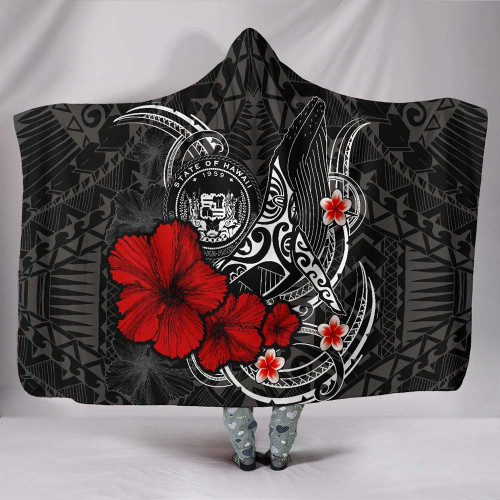 Polynesian Hawaii Hooded Blanket - Humpback Whale with Hibiscus (White) 1