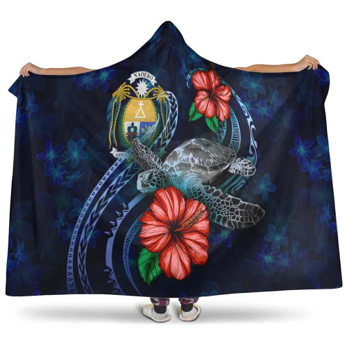 Nauru Polynesian Hooded Blanket - Blue Turtle Hibiscus 1