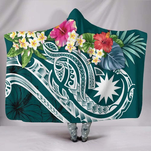 Nauru Polynesian Hooded Blanket - Summer Plumeria (Turquoise) 1