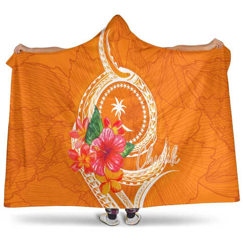 Chuuk Micronesia Hooded Blanket - Orange Floral With Seal 1