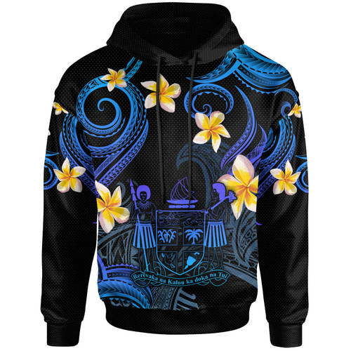Fiji Hoodie - Custom Personalised Polynesian Waves with Plumeria Flowers (Blue)