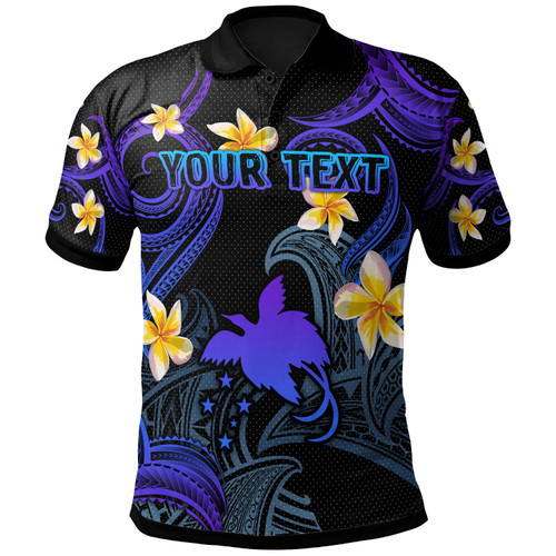 Papua New Guinea Polo Shirt - Custom Personalised Polynesian Waves with Plumeria Flowers (Blue)