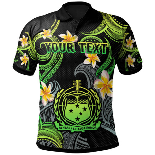 Samoa Polo Shirt - Custom Personalised Polynesian Waves with Plumeria Flowers (Green)