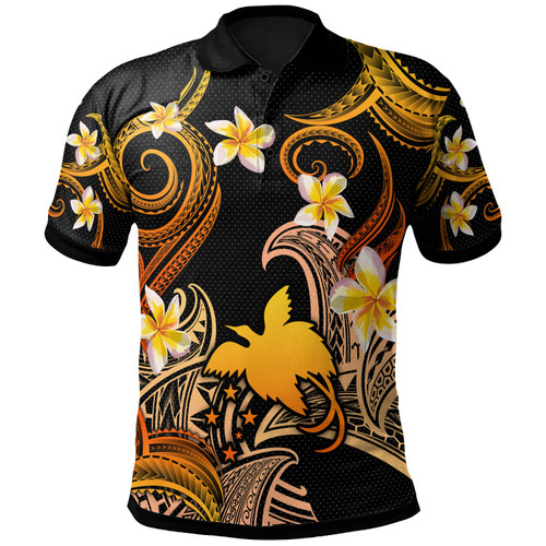 Papua New Guinea Polo Shirt - Custom Personalised Polynesian Waves with Plumeria Flowers (Orange)