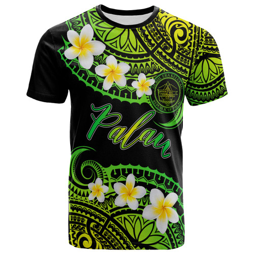 Palau Custom Personalised T-Shirt - Plumeria Polynesian Vibe Green 1