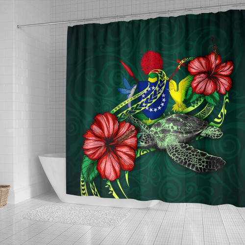 Cook Islands Polynesian Shower Curtain - Green Turtle Hibiscus 2