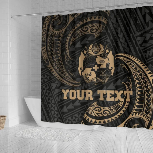 Tonga Polynesian Custom Personalised Shower Curtain - Gold Tribal Wave 2