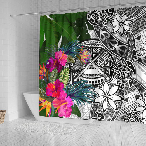 American Samoa Shower Curtain White - Turtle Plumeria Banana Leaf 2