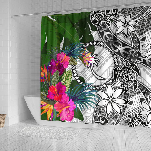 Chuuk Shower Curtain White - Turtle Plumeria Banana Leaf 2