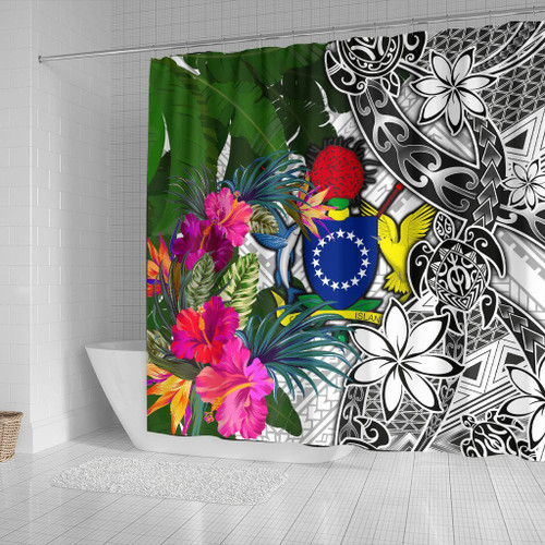 Cook Islands Shower Curtain White - Turtle Plumeria Banana Leaf 2