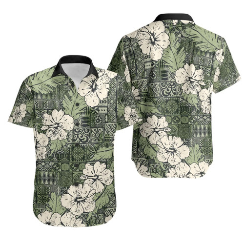 Polynesian Hawaiian Shirts - Abstract Hibiscus Flowers With Tribal Background Green Color 1