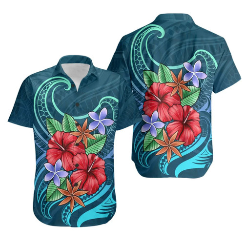 Polynesian Hawaiian Shirts - Blue Pattern With Tropical Flowers 1