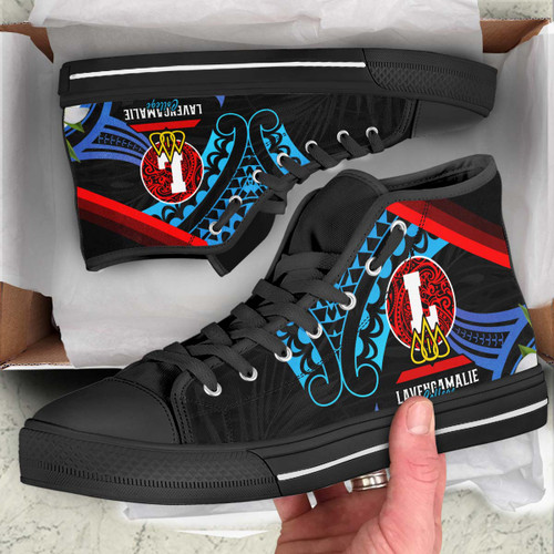 Tonga High Top Shoes - Lavengamalie College with Polynesian Patterns and Plumeria Flower
