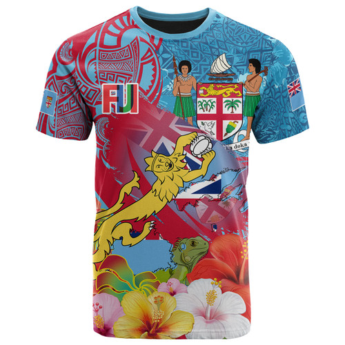 Fiji Polynesian T-shirt - Custom Fiji Lion With Tapa Patterns And Polynesian Hibiscus T-shirt