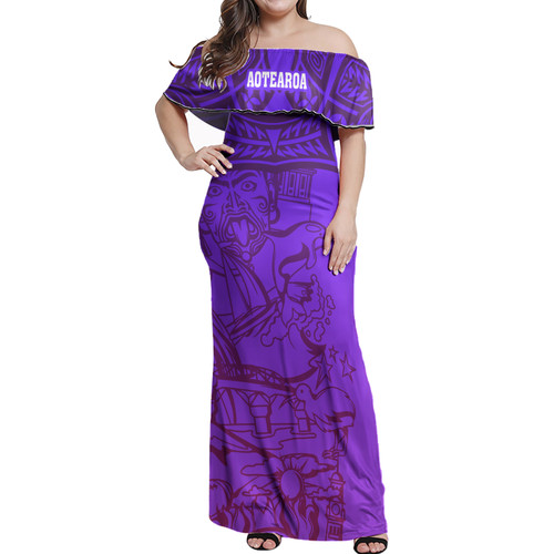Polynesian Woman Off Shoulder Long Dress - Aotearoa Maori Polynesian Pattern
