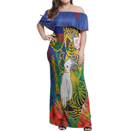New Caledonia Woman Off Shoulder Long Dress - Custom New Caledonia National Emblem With Cagou And Hibiscus Polynesian
