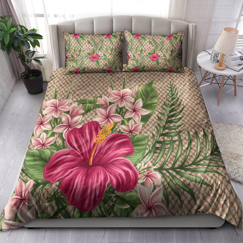 Hawaii Bedding Set Hibiscus Plumeria Palm Leaves Lauhala Background Polynesian